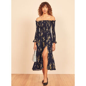 Reformation Dell Dress Size 4 Navy Floral Off Shoulder Smocked Midi Long Sleeve